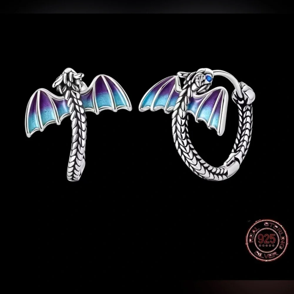 925 Sterling Silver Unisex Dragon Hoop Earrings With Enameled Punk Gothic